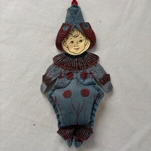 Vintage Felt Clown Doll Blue Red Mid Century Folk Art Toy 10in